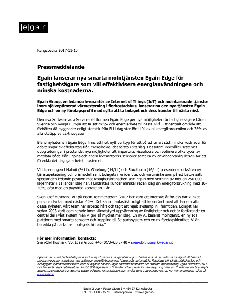 Egain lanserar nya smarta molntjänsten Egain Edge för fastighetsägare som vill effektivisera energianvändningen och minska kostnaderna.