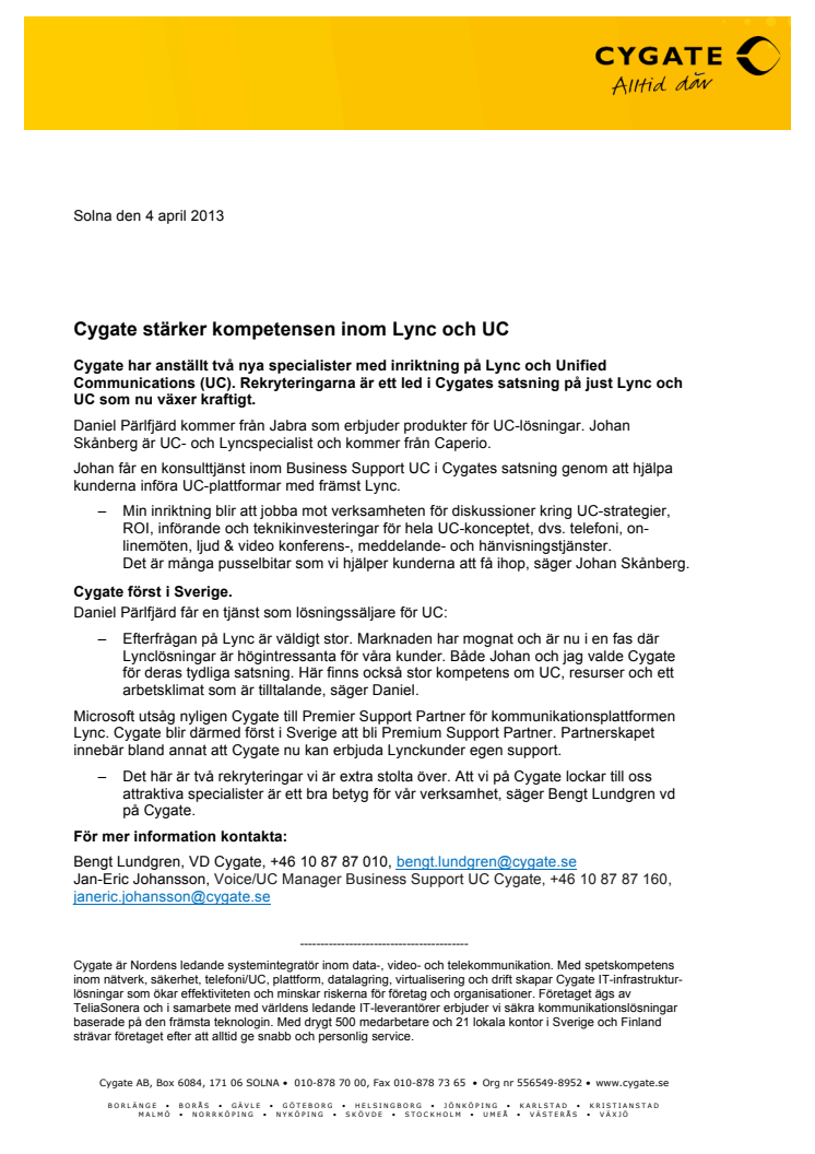 Cygate stärker kompetensen inom Lync och UC