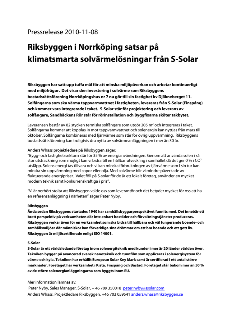 Riksbyggen i Norrköping satsar på klimatsmarta solvärmelösningar från S-Solar