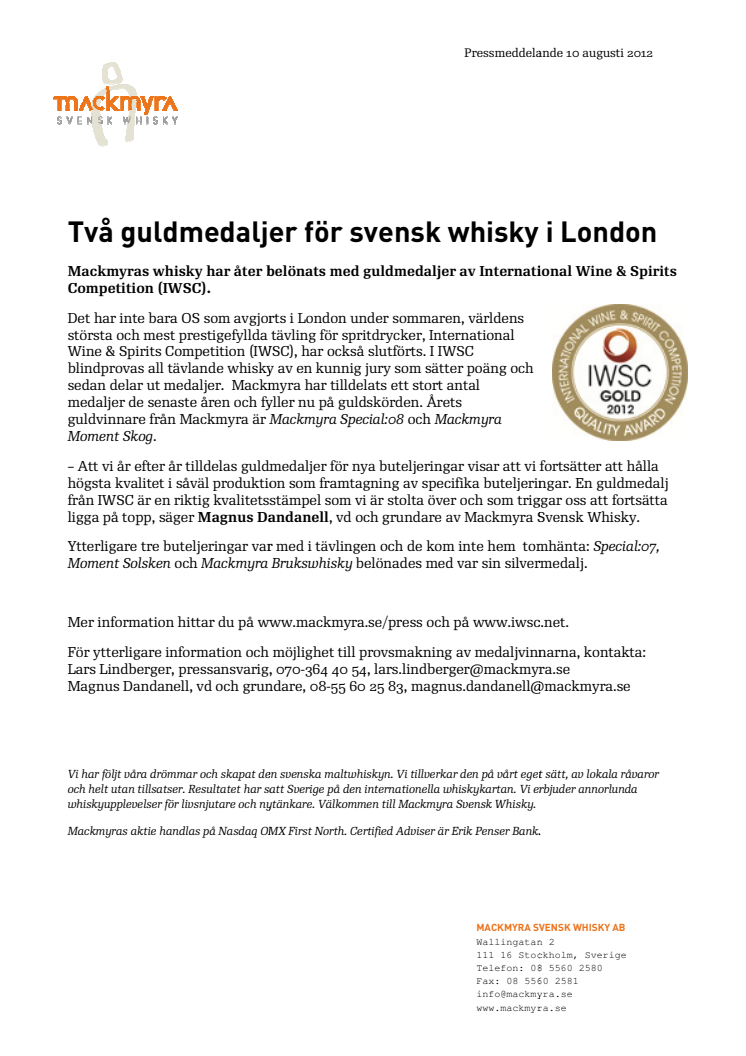 Två guldmedaljer för svensk whisky i London