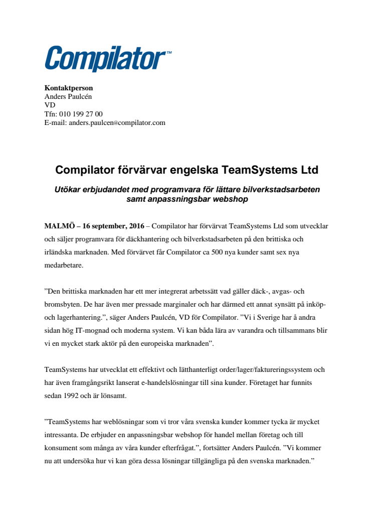 Compilator förvärvar engelska TeamSystems Ltd