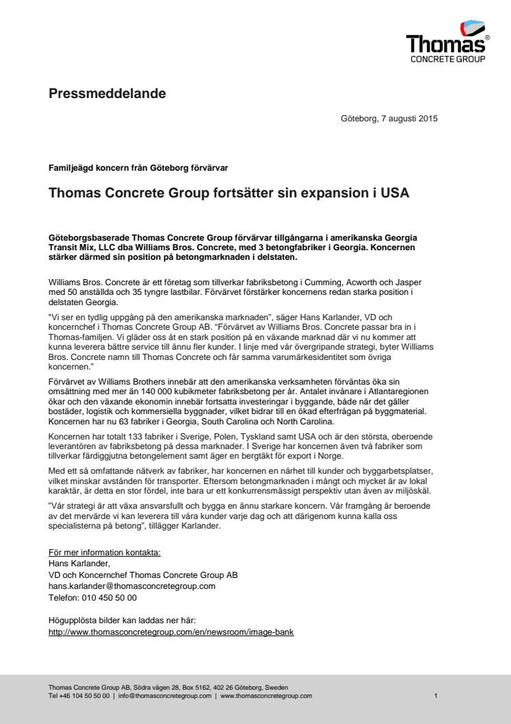 Thomas Concrete Group fortsätter sin expansion i USA