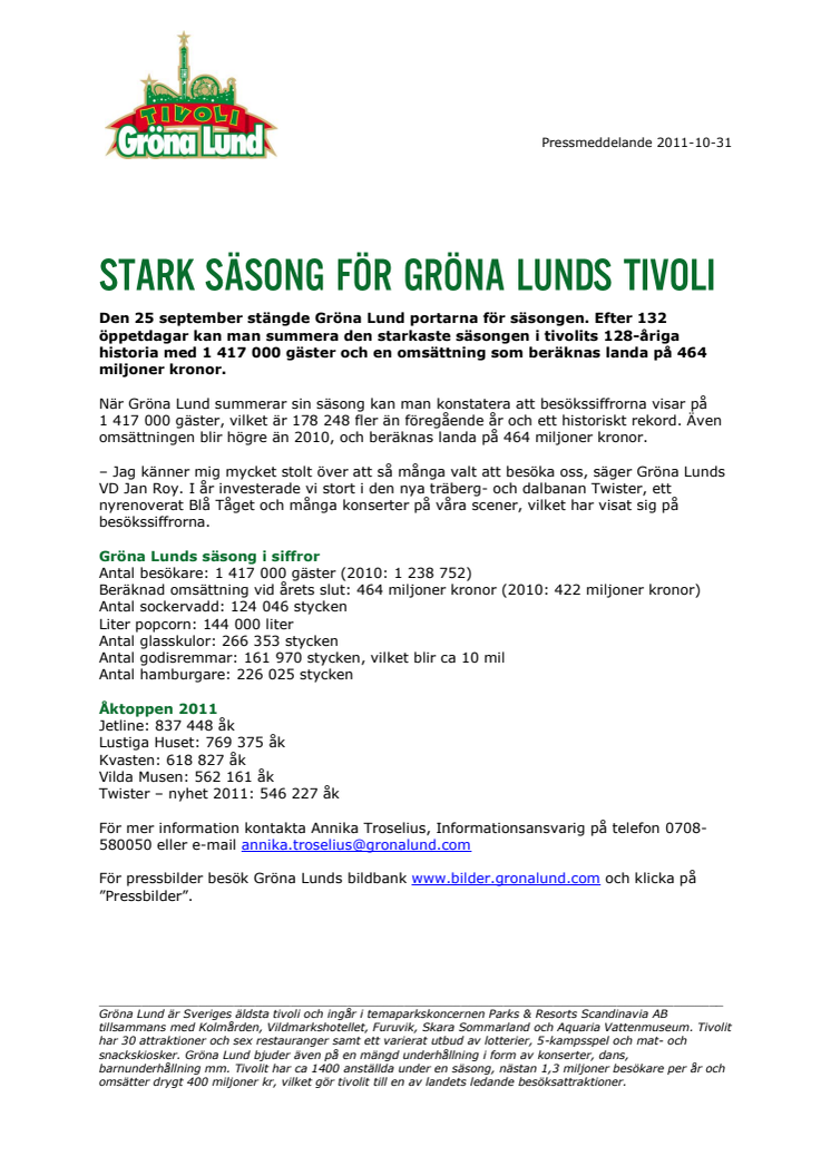 Stark säsong för Gröna Lunds Tivoli