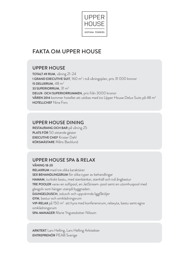 Upper House Informationsblad