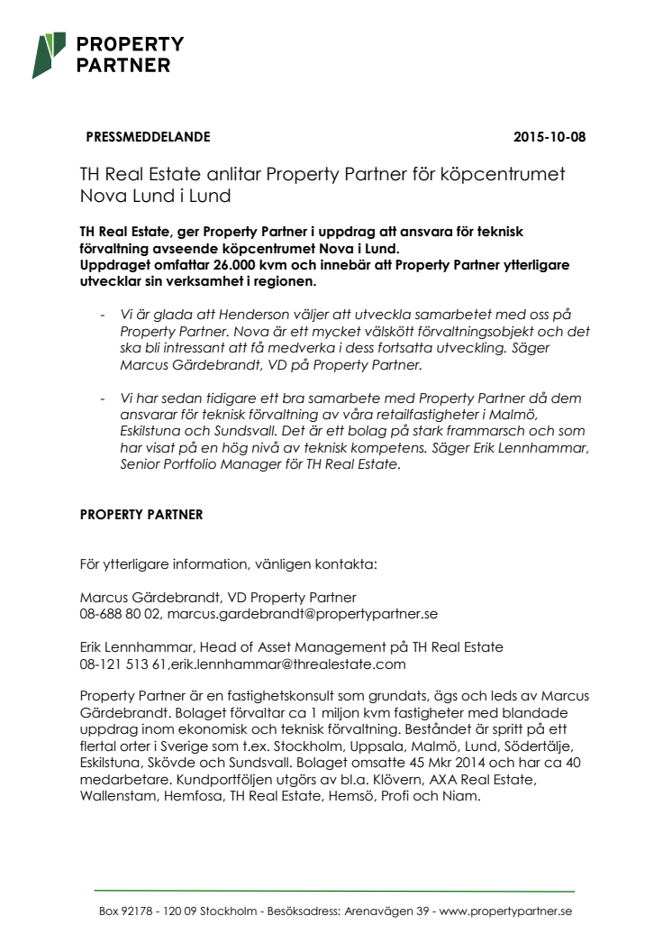 TH Real Estate anlitar Property Partner för köpcentrumet Nova Lund i Lund