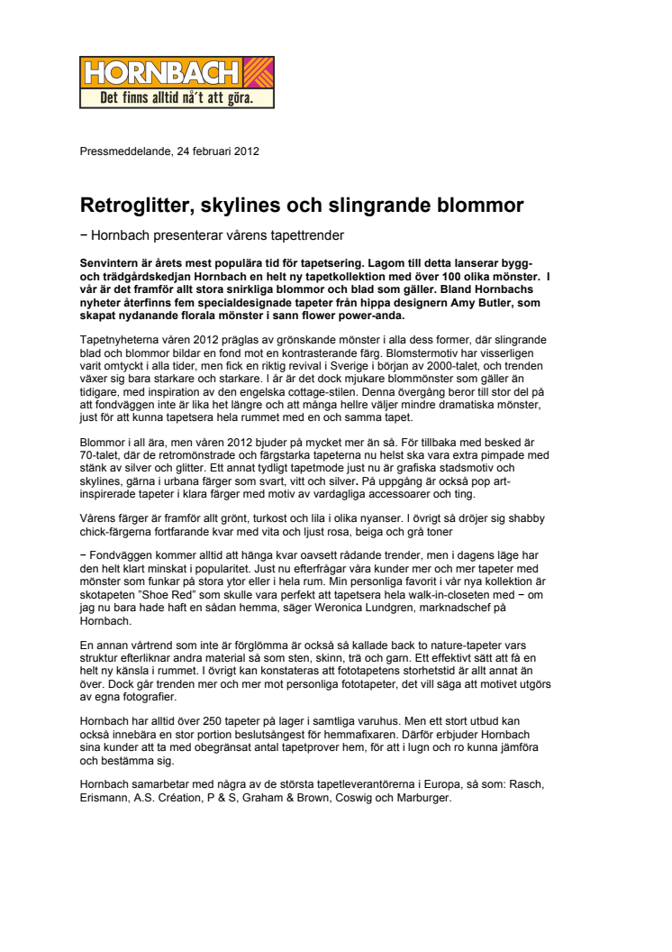 Retroglitter, skylines och slingrande blommor − Hornbach presenterar vårens tapettrender