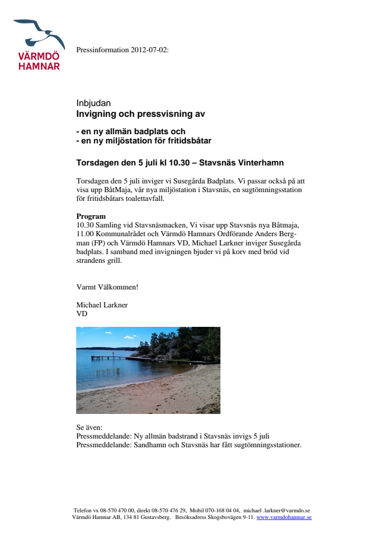 Pressinbjudan till invigning av ny badstrand och tömningsstationer i Stavsnäs, Värmdö