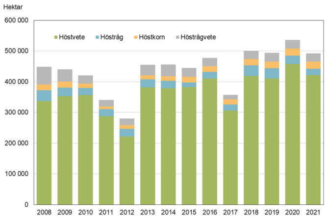 Höstsådda arealer av spannmål 2008–2021