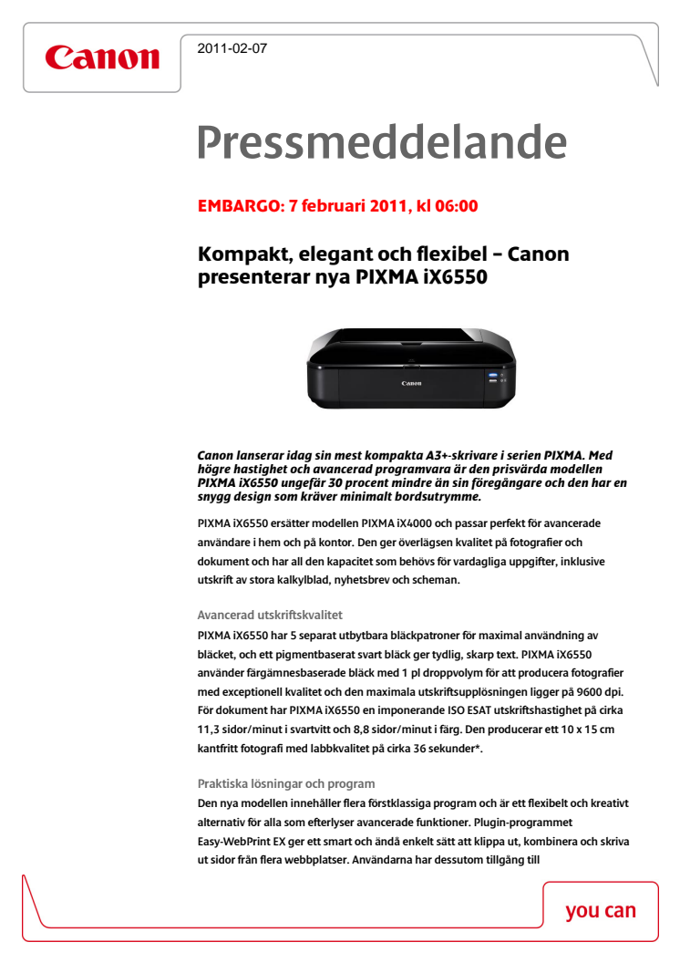 Kompakt, elegant och flexibel – Canon presenterar nya PIXMA iX6550
