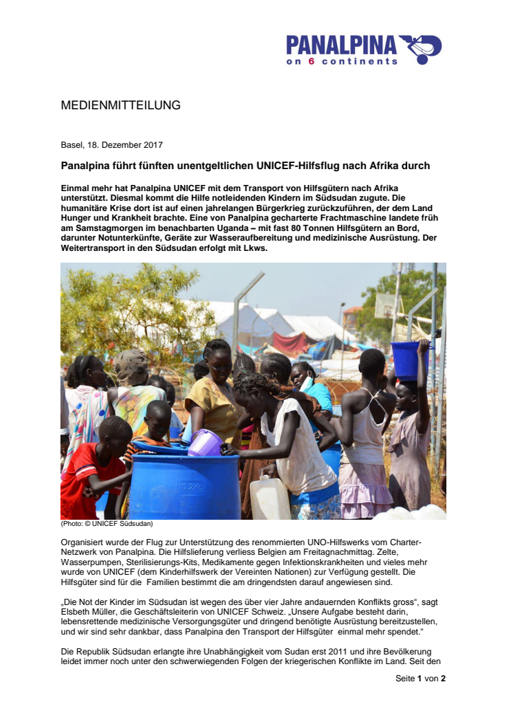 Panalpina führt fünften unentgeltlichen UNICEF-Hilfsflug nach Afrika durch