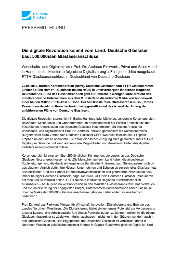 Die digitale Revolution kommt vom Land: Deutsche Glasfaser baut 500.000sten Glasfaseranschluss