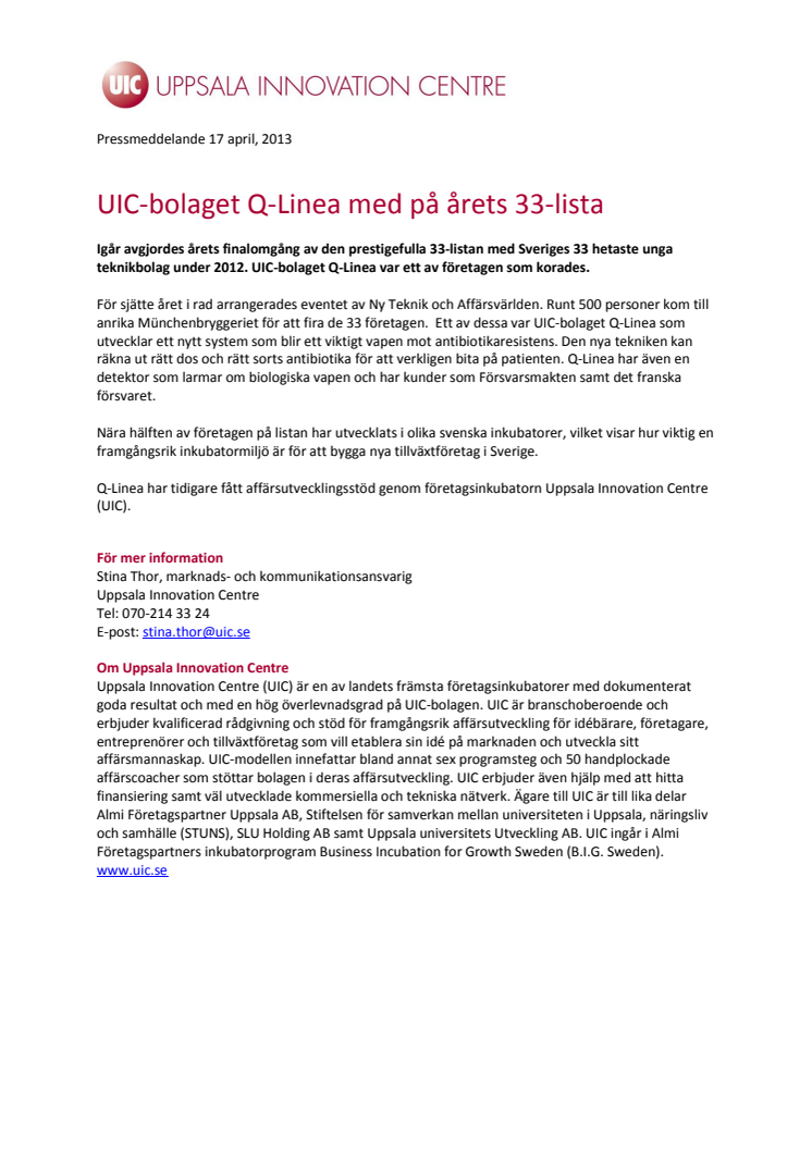 UIC-bolaget Q-Linea med på årets 33-lista