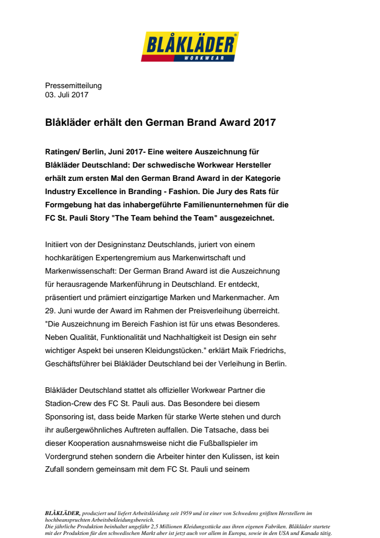 Blåkläder erhält den German Brand Award 2017