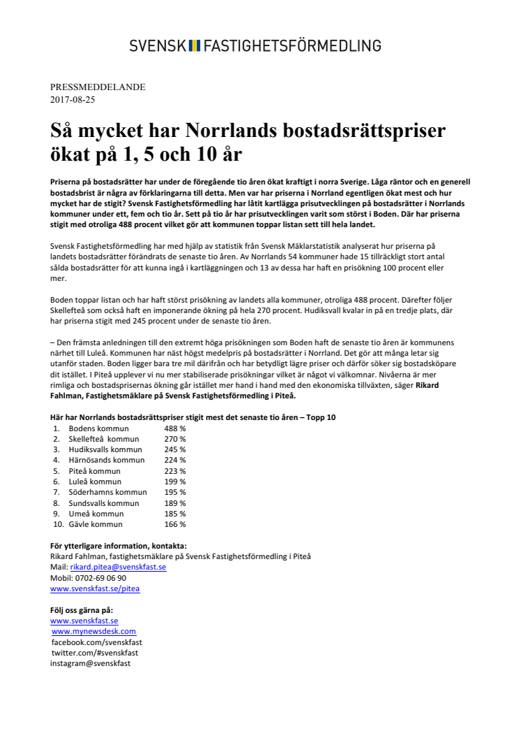 Så mycket har Norrlands bostadsrättspriser ökat på 1, 5 och 10 år 
