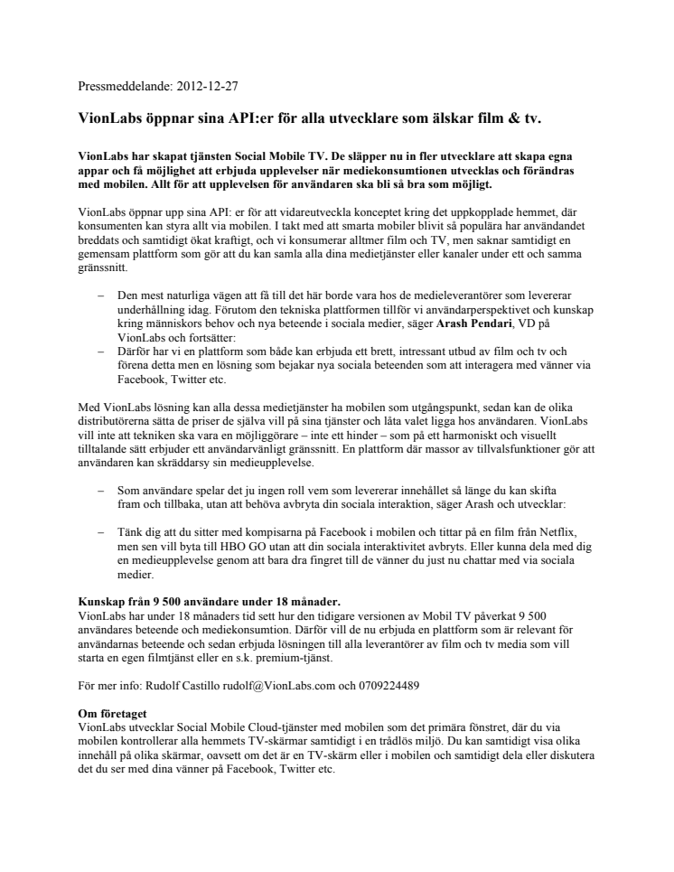 VionLabs öppnar sina API:er för alla utvecklare som älskar film & tv.