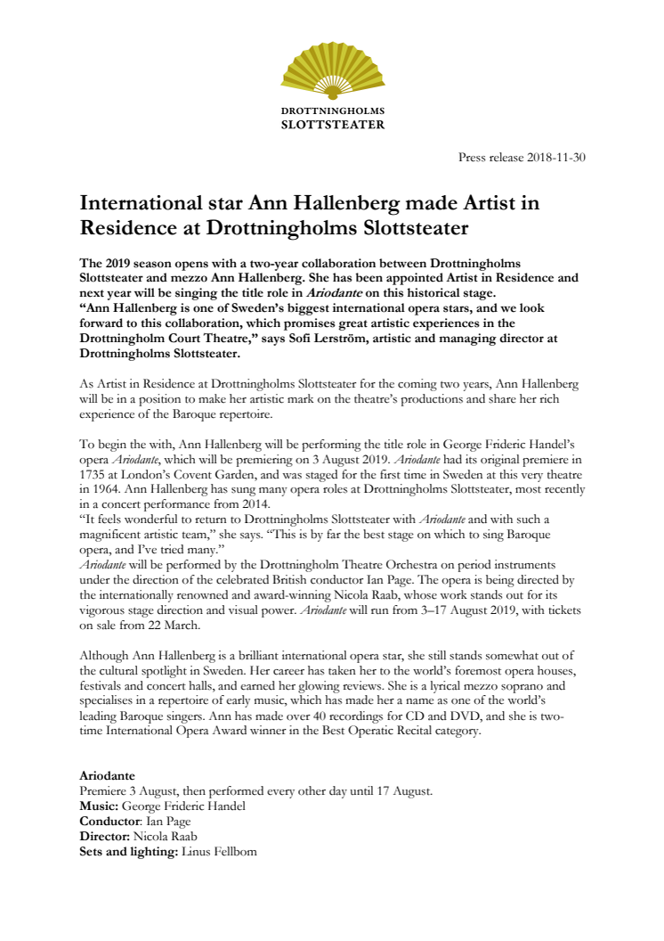 International star Ann Hallenberg made Artist in Residence at Drottningholms Slottsteater
