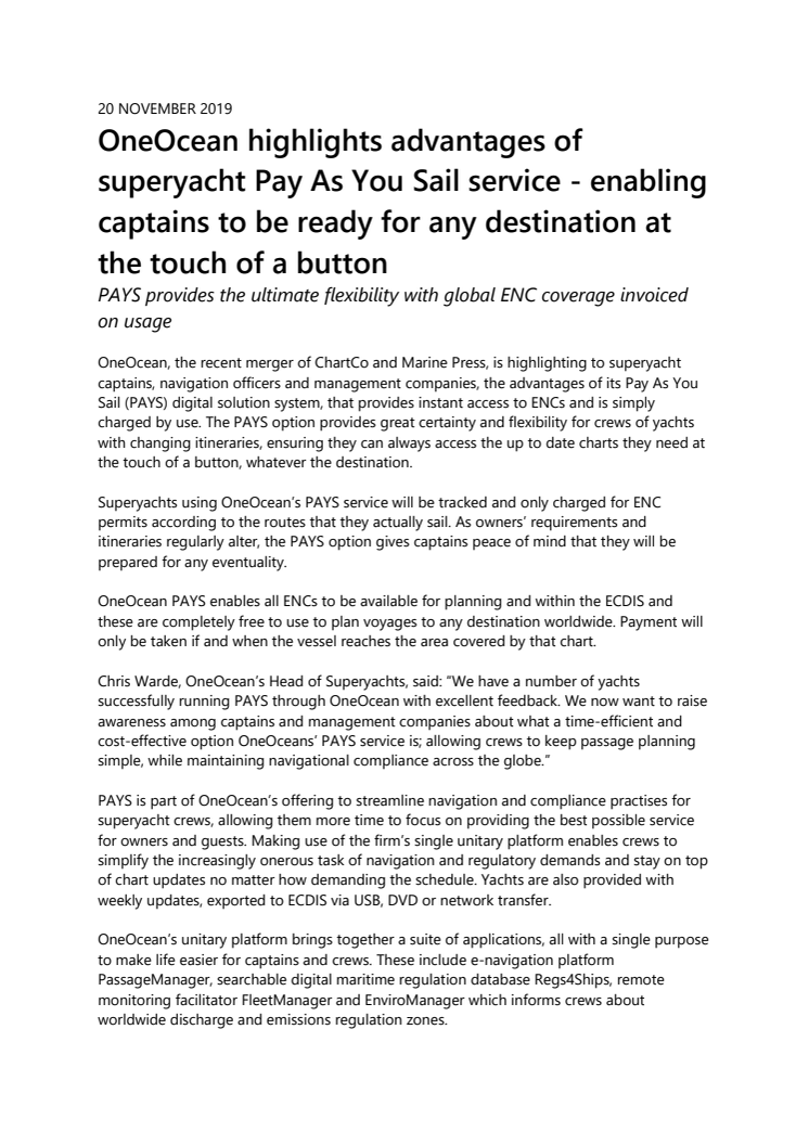 OneOcean highlights advantages of superyacht Pay As You Sail service - enabling captains to be ready for any destination at the touch of a button