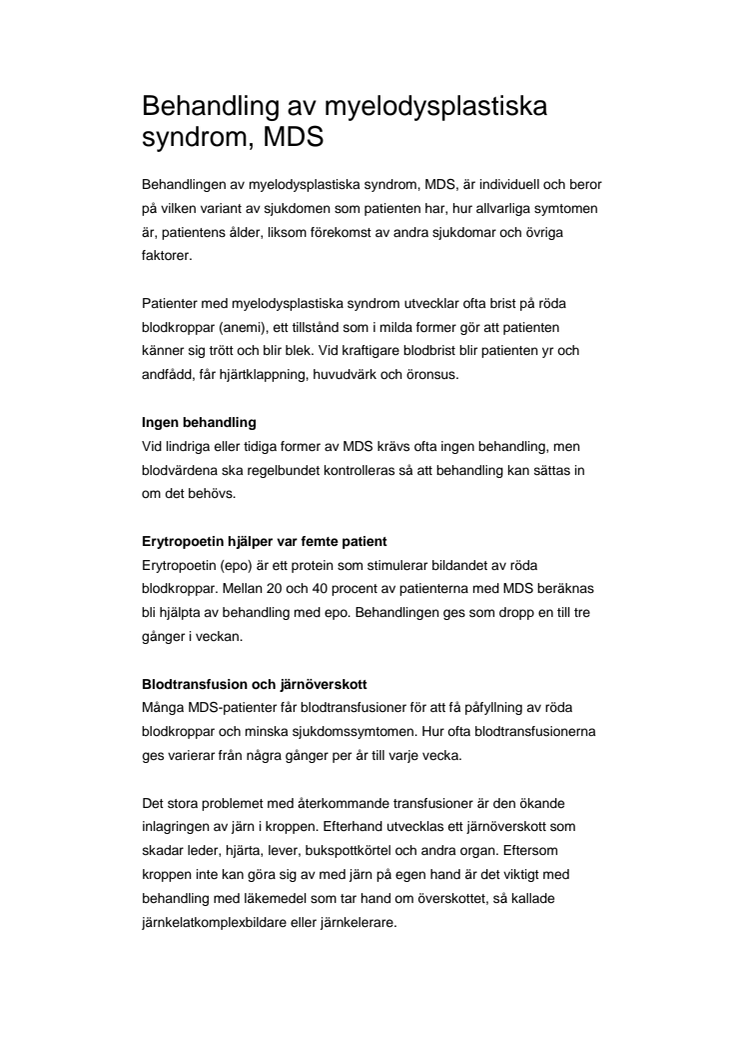 Behandling av myelodysplastiska syndrom, MDS