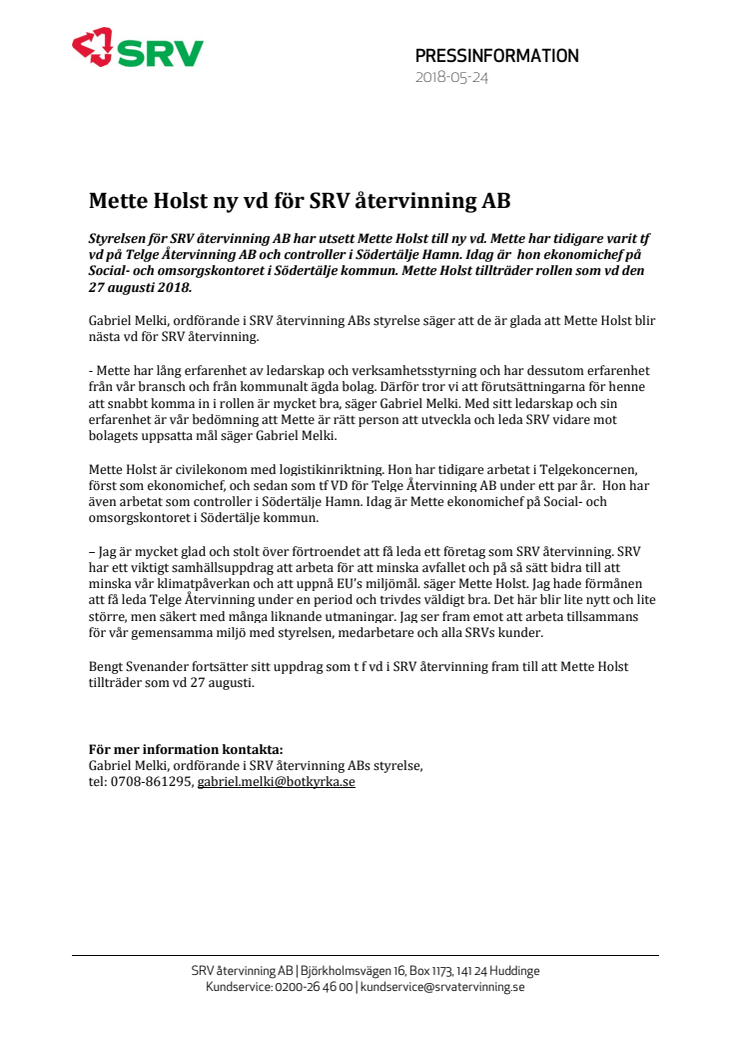 Mette Holst ny vd för SRV återvinning AB