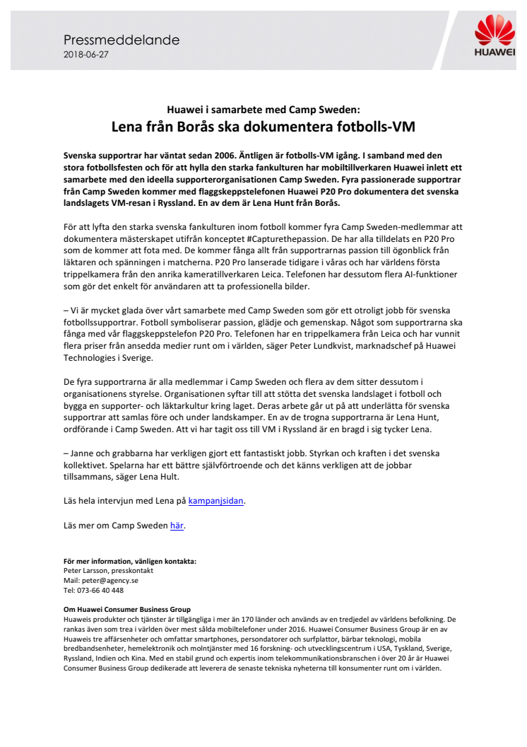 Huawei i samarbete med Camp Sweden: Lena från Borås ska dokumentera fotbolls-VM