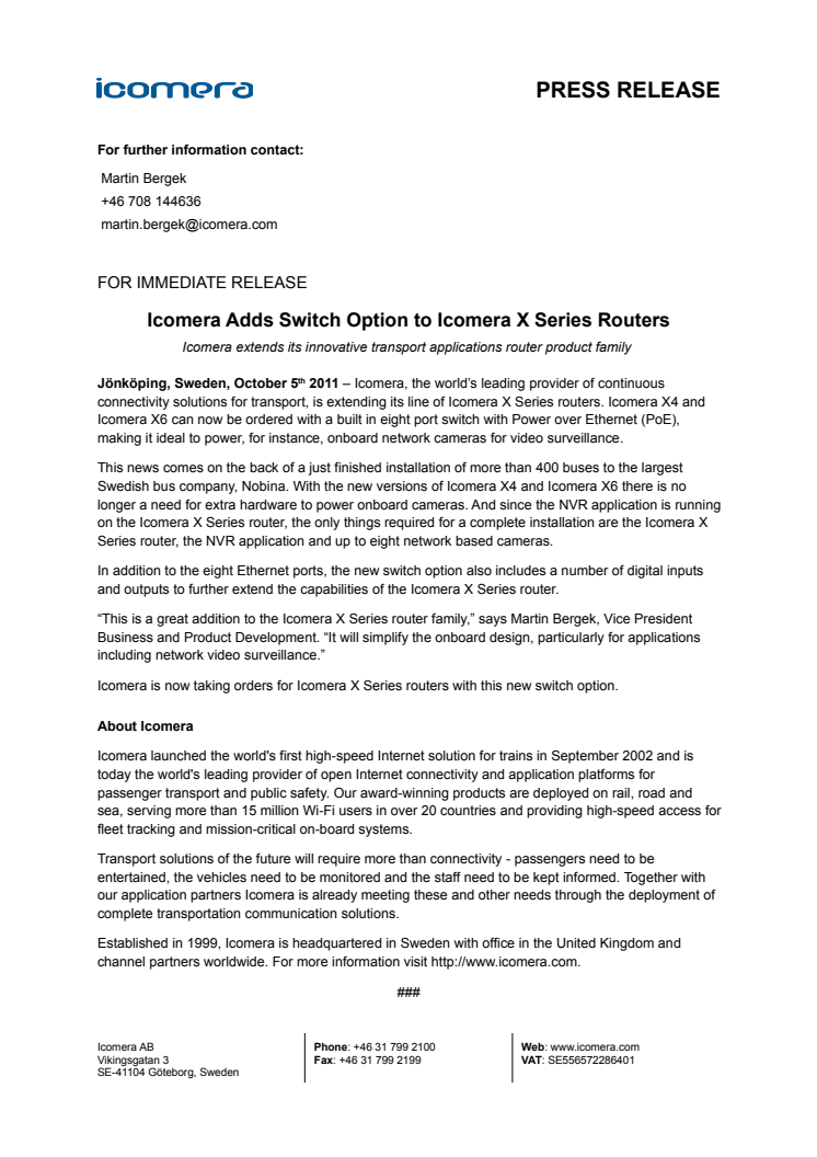 Icomera Adds Switch Option to Icomera X Series Routers
