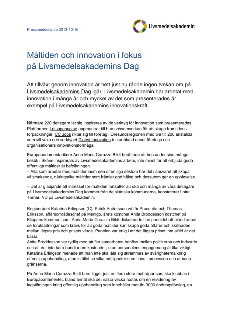 Måltiden och innovation i fokus på Livsmedelsakademins Dag