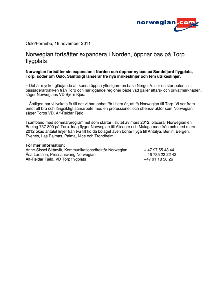 Norwegian fortsätter expandera i Norden, öppnar bas på Torp flygplats 