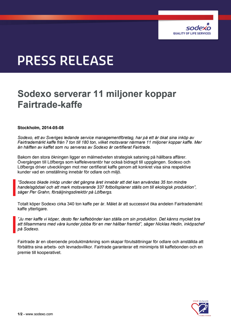 Sodexo serverar 11 miljoner koppar Fairtrade-kaffe 