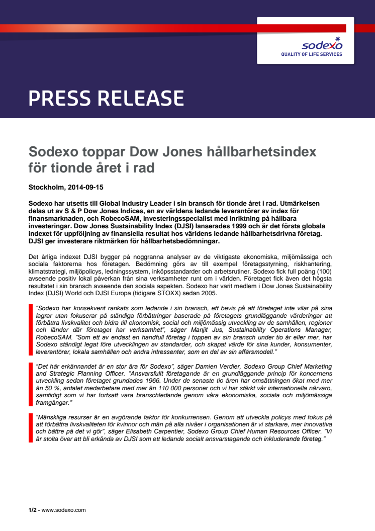 Sodexo toppar Dow Jones hållbarhetsindex för tionde året i rad
