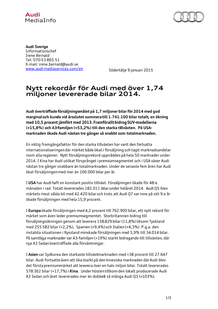 Nytt rekordår för Audi med över 1,74 miljoner levererade bilar 2014.