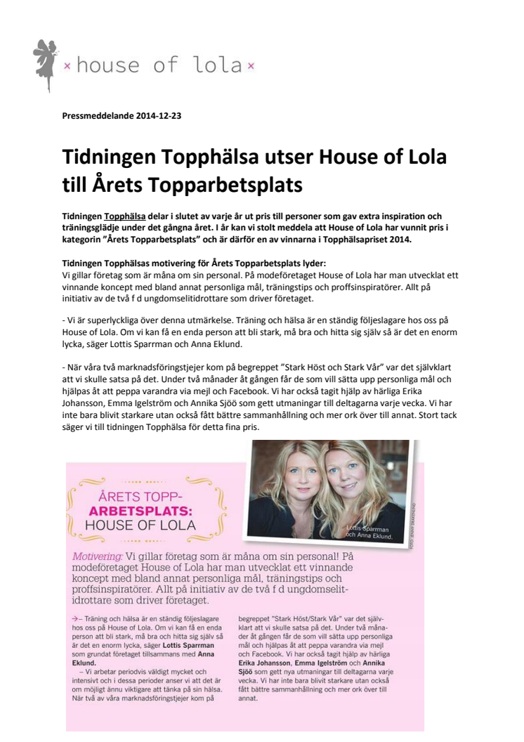 Tidningen Topphälsa utser House of Lola till Årets Topparbetsplats 