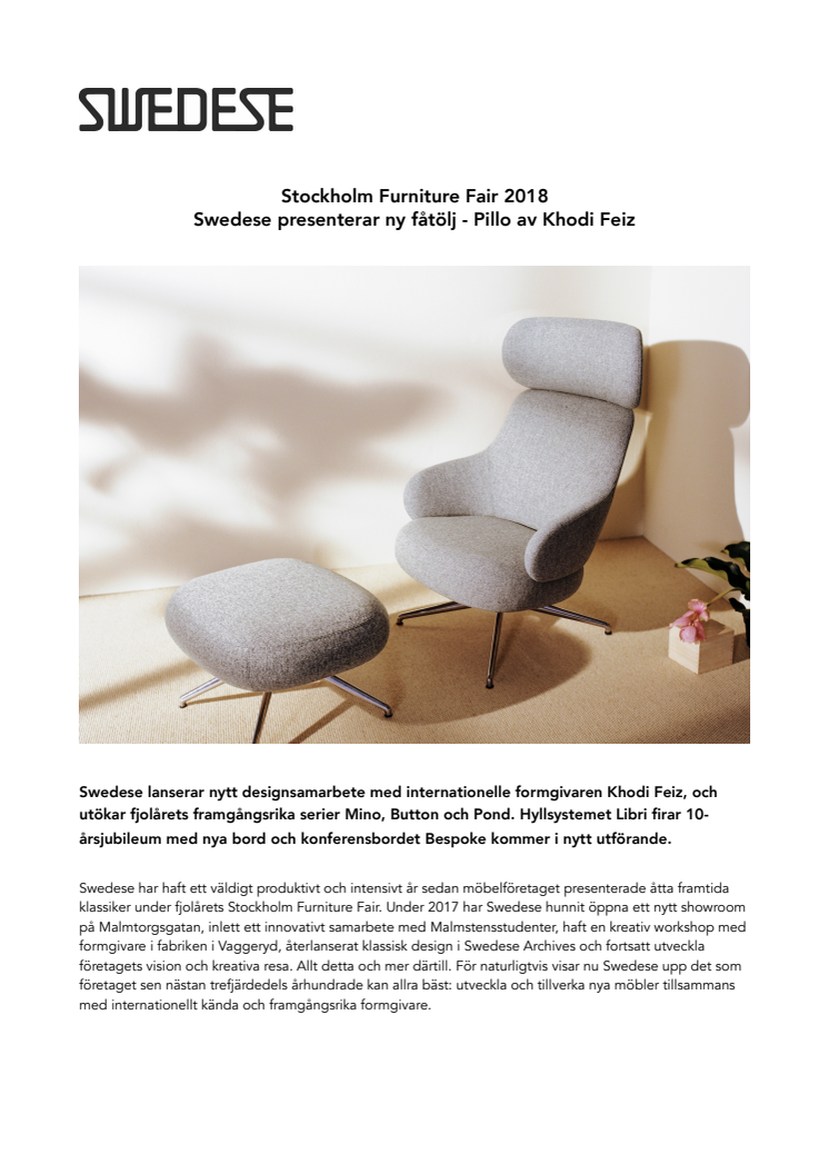 Stockholm Furniture Fair 2018:  Swedese presenterar ny fåtölj - Pillo av Khodi Feiz