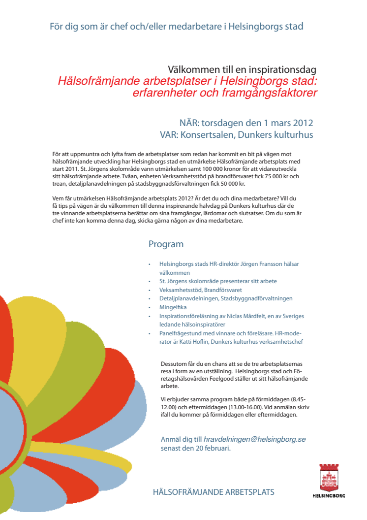 inbjudan till inspirationsdag Hälsofrämjande arbetsplatser i Helsingborgs stad: erfarenheter och framgångsfaktorer