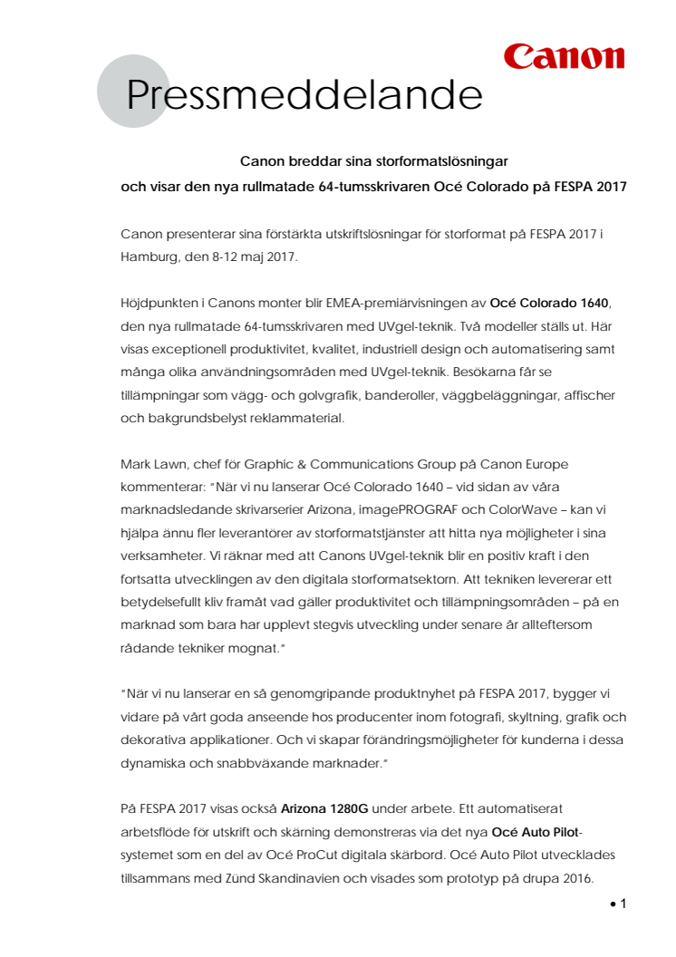 Canon breddar sina storformatslösningar och visar den nya rullmatade 64-tumsskrivaren Océ Colorado på FESPA 2017 