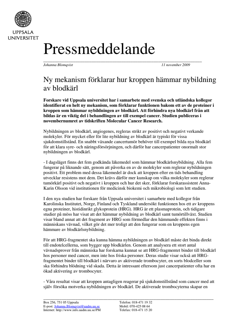 Ny mekanism förklarar hur kroppen hämmar nybildning av blodkärl 
