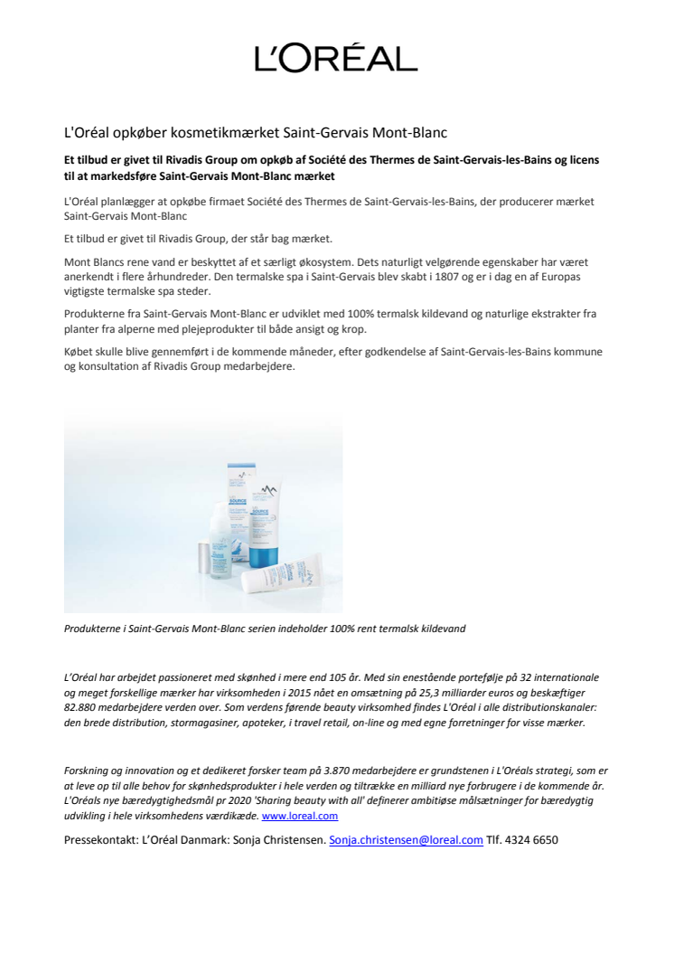 L'Oréal opkøber kosmetikmærket Saint-Gervais Mont-Blanc