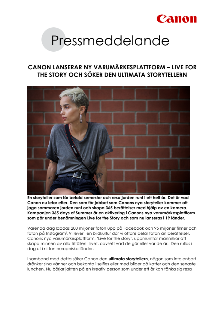 CANON LANSERAR NY VARUMÄRKESPLATTFORM – LIVE FOR THE STORY OCH SÖKER DEN ULTIMATA STORYTELLERN 