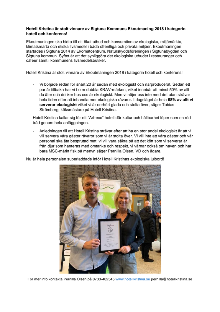 Hotell Kristina är stolt vinnare av Ekoutmaningen 2018!