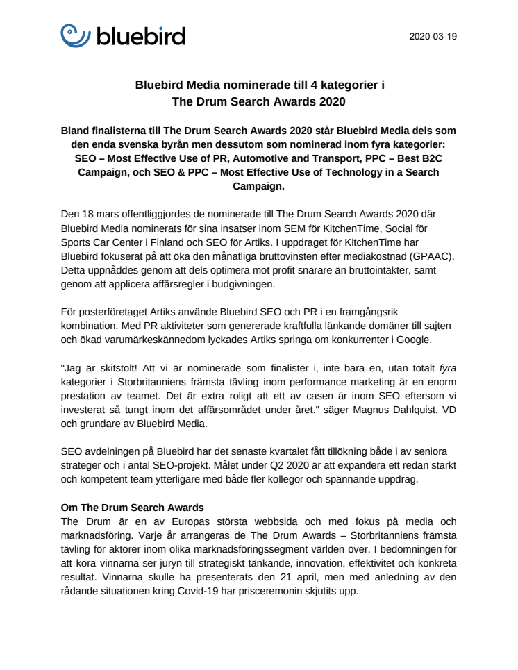  Bluebird Media nominerade till 4 kategorier i  The Drum Search Awards 2020