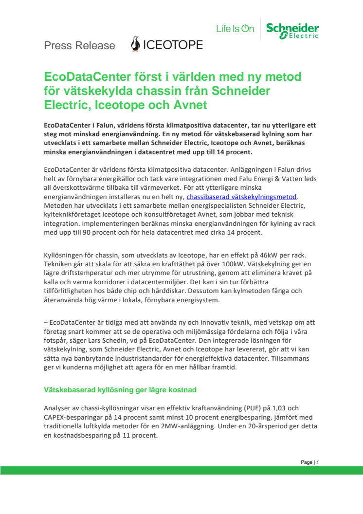 EcoDataCenter först i världen med ny metod för vätskekylda chassin från Schneider Electric, Iceotope och Avnet