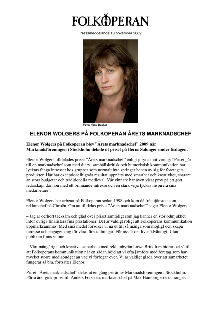 Elenor Wolgers på Folkoperan årets marknadschef