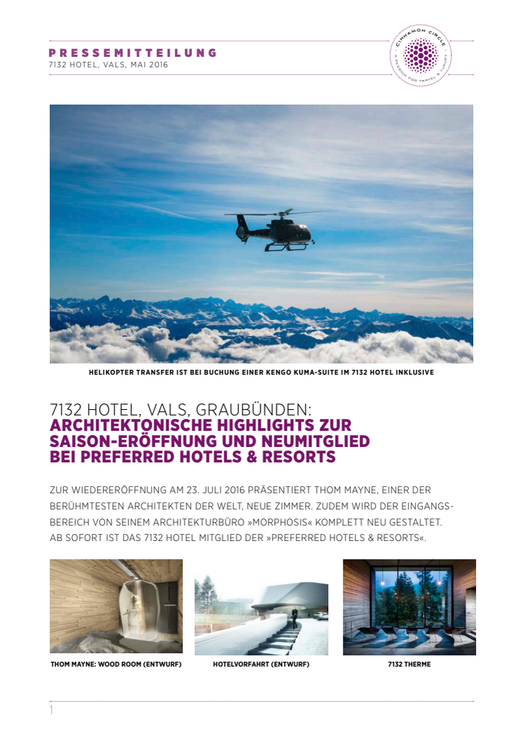 7132 Hotel, Vals, Graubünden: Architektonische Highlights zur Saisoneröffnung und Neumitglied bei Preferred Hotels & Resorts 