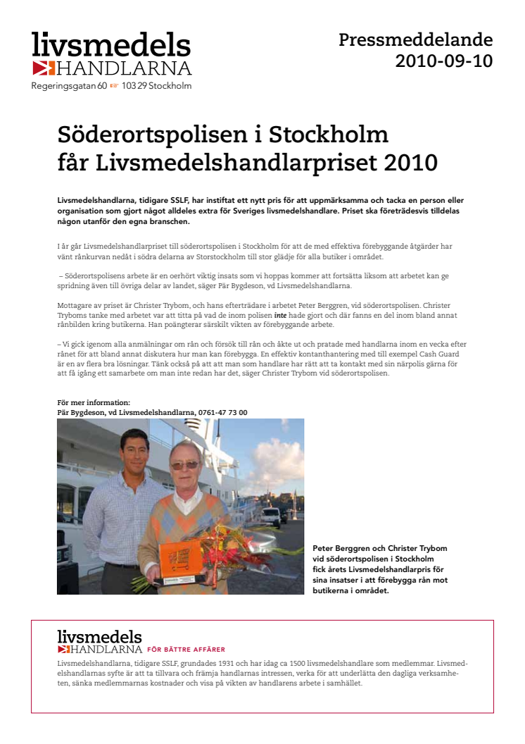 Söderortspolisen i Stockholm får Livsmedelshandlarpriset 2010