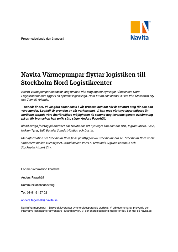 Navita Värmepumpar flyttar logistiken till Stockholm Nord