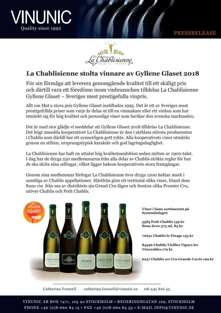 La Chablisienne stolta vinnare av Gyllene Glaset 2018