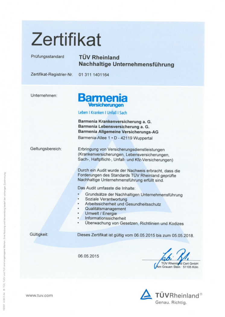 Zertifikat zur Nachhaltigen Unternehmensführung des TÜV Rheinland