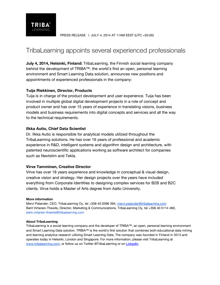 TribaLearning appoints experienced professionals for key roles