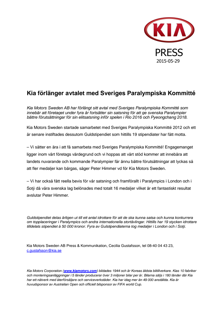 Kia förlänger avtalet med Sveriges Paralympiska Kommitté