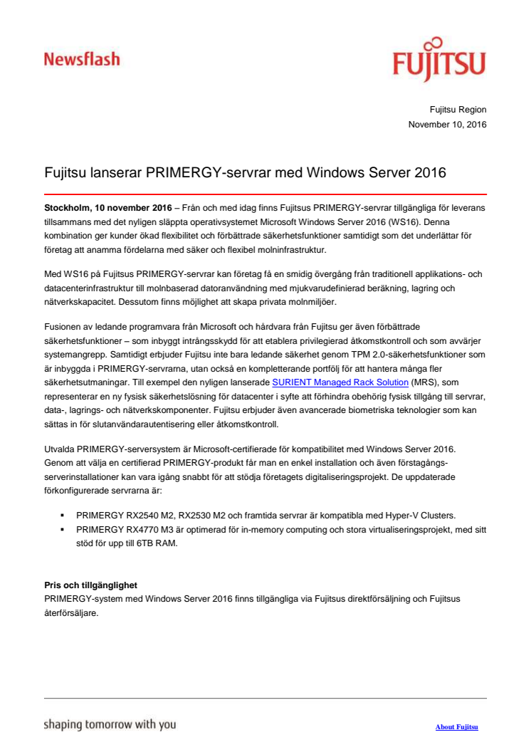 Fujitsu lanserar PRIMERGY-servrar med Windows Server 2016