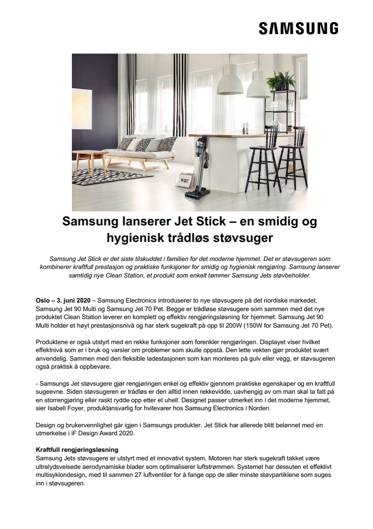 Samsung lanserer Jet Stick – en smidig og hygienisk trådløs støvsuger